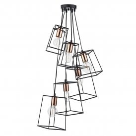 Cluster Of 6 Ceiling Pendants With Open Black Frame Shades And Copper Detailing