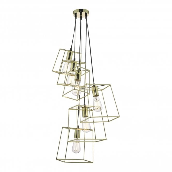 TOWER cluster of 6 ceiling pendants with open gold frame shades