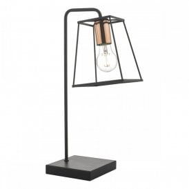 TOWER satin black table lamp with box frame shade and copper detailing