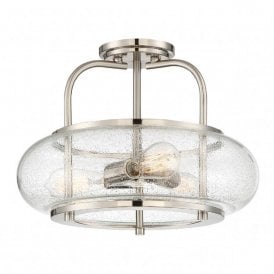 TRILOGY vintage brushed nickel 3 light semi-flush ceiling light with seeded glass