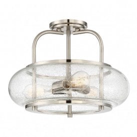 TRILOGY vintage brushed nickel 3 light semi-flush ceiling light with seeded glass
