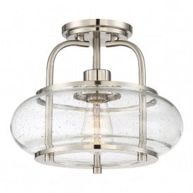 TRILOGY vintage style brushed nickel semi-flush ceiling light with seeded glass