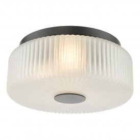 a modern black and ribbed glass, deco-inspired flush bathroom ceiling light fitting