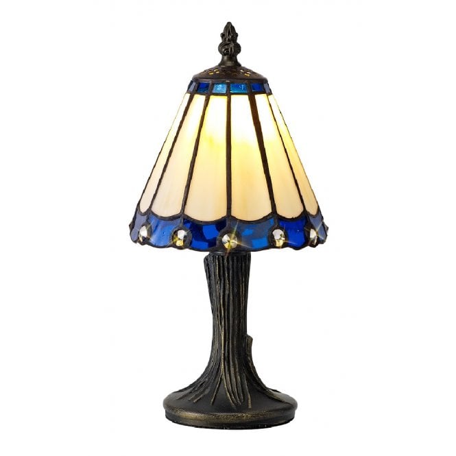 UNA small cream Tiffany glass table lamp with blue border
