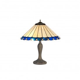 UNA Tiffany 2 Light Curved Table Lamp 40cm Blue, Cream, Crystal, Antique Brass