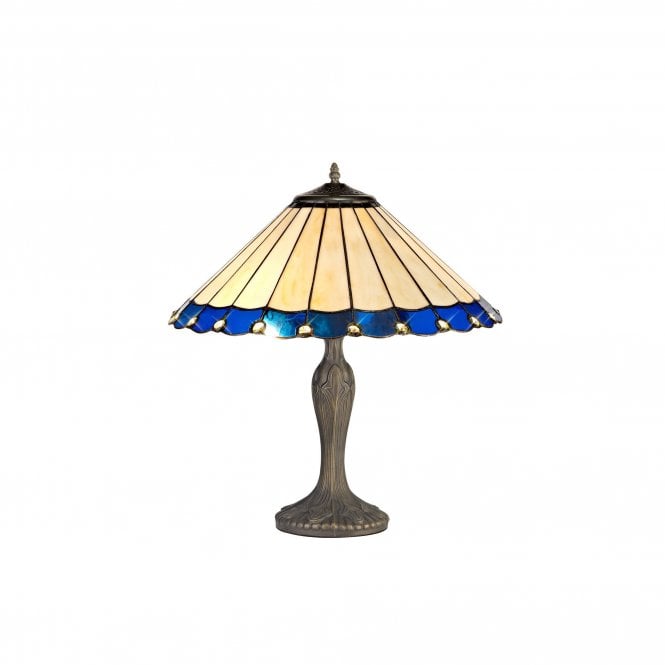UNA Tiffany 2 Light Curved Table Lamp 40cm Blue, Cream, Crystal, Antique Brass