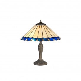 UNA Tiffany 2 Light Curved Table Lamp 40cm Blue, Cream, Crystal, Antique Brass