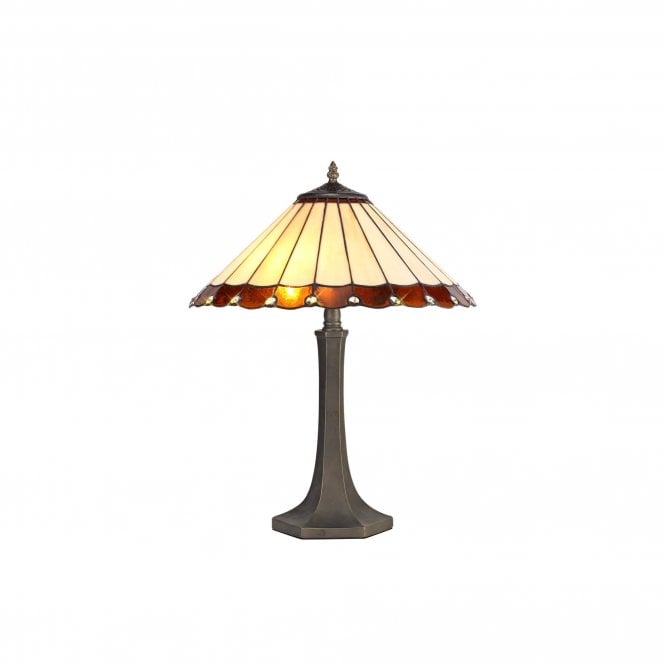 UNA Tiffany 2 Light Octagonal Table Lamp 40cm Amber, Cream, Crystal, Antique Brass