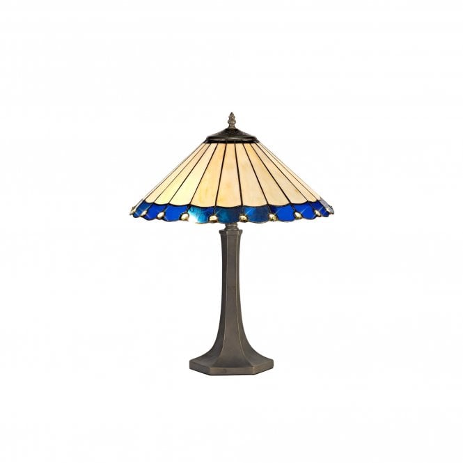UNA Tiffany 2 Light Octagonal Table Lamp 40cm Blue, Cream, Crystal, Antique Brass