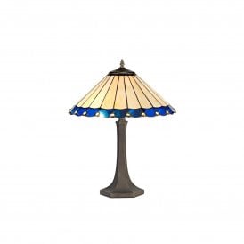 UNA Tiffany 2 Light Octagonal Table Lamp 40cm Blue, Cream, Crystal, Antique Brass