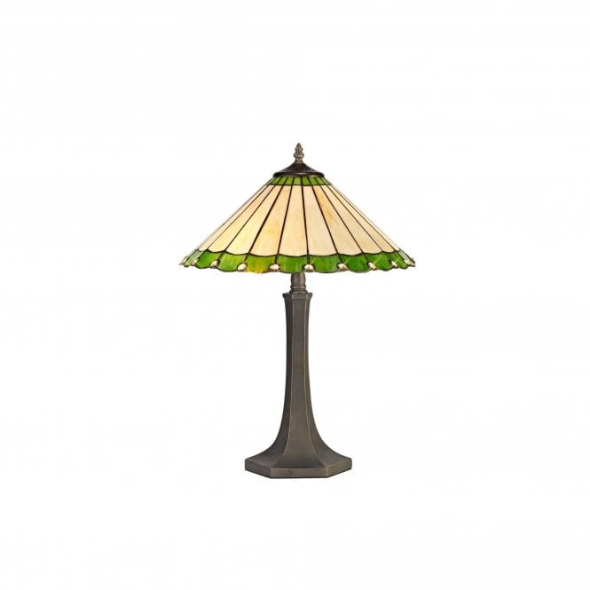 UNA Tiffany 2 Light Octagonal Table Lamp 40cm Green, Cream, Crystal, Antique Brass