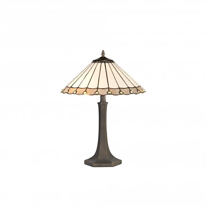 UNA Tiffany 2 Light Octagonal Table Lamp 40cm Grey, Cream, Crystal, Antique Brass