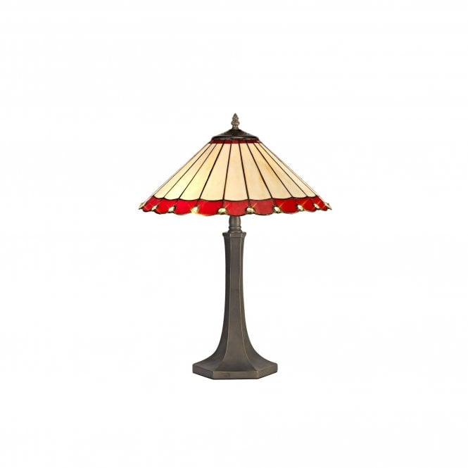 UNA Tiffany 2 Light Octagonal Table Lamp 40cm Red, Cream, Crystal, Antique Brass