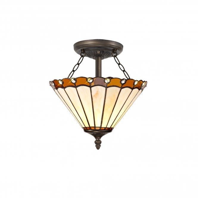 UNA Tiffany 2 Light Semi-Flush Ceiling 30cm Amber, Cream, Crystal, Antique Brass