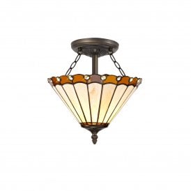 UNA Tiffany 2 Light Semi-Flush Ceiling 30cm Amber, Cream, Crystal, Antique Brass