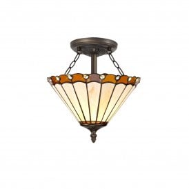 UNA Tiffany 2 Light Semi-Flush Ceiling 30cm Amber, Cream, Crystal, Antique Brass