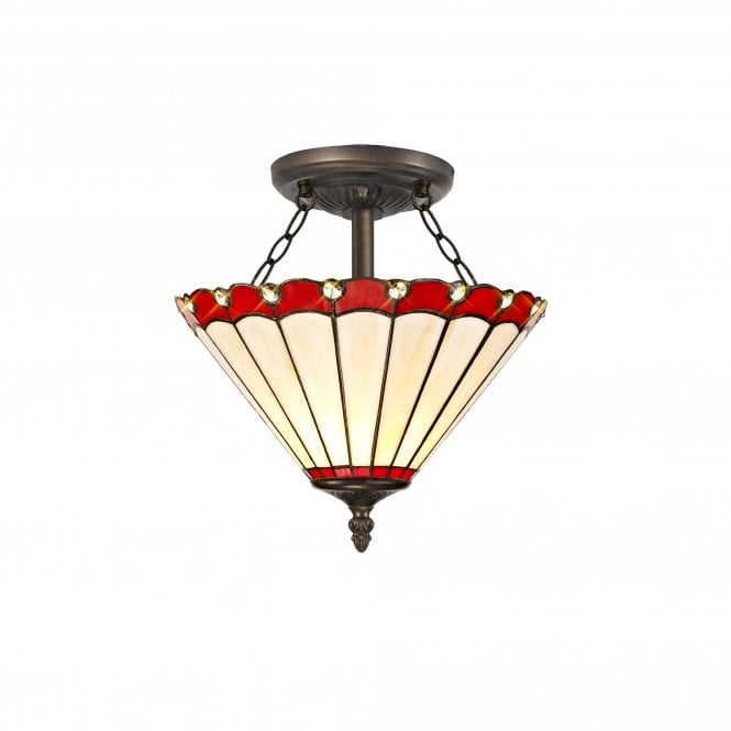 UNA Tiffany 2 Light Semi-Flush Ceiling 30cm Red, Cream, Crystal, Antique Brass