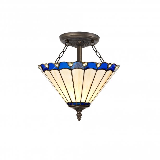 UNA Tiffany 2 Light Semi-Flush Ceiling Light 30cm Blue, Cream, Crystal, Antique Brass