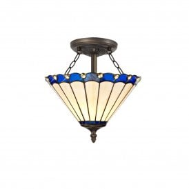 UNA Tiffany 2 Light Semi-Flush Ceiling Light 30cm Blue, Cream, Crystal, Antique Brass