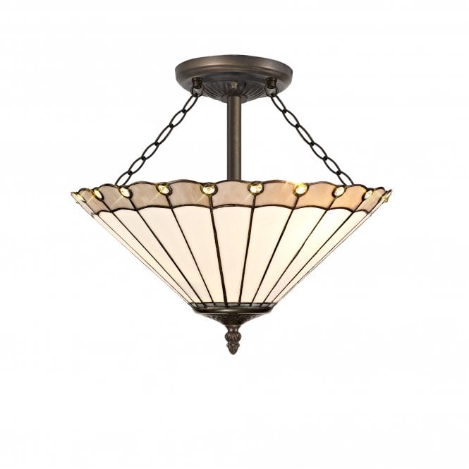 UNA Tiffany 2 Light Semi-Flush Ceiling Light 30cm Grey, Cream, Crystal, Antique Brass