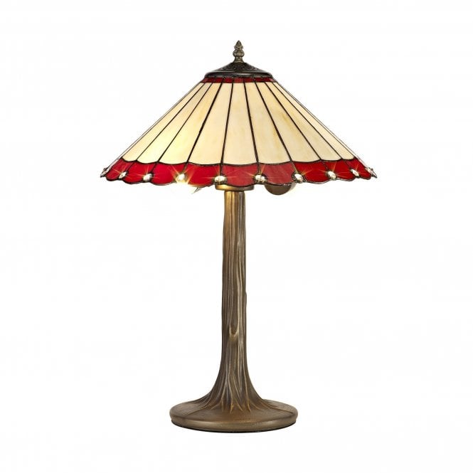 UNA Tiffany 2 Light Tree Like Table Lamp 40cm Red, Cream, Crystal, Antique Brass