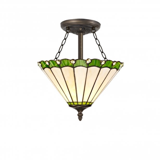 UNA Tiffany 3 Light Semi-Flush Ceiling 30cm Green, Cream, Crystal, Antique Brass