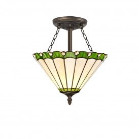 UNA Tiffany 3 Light Semi-Flush Ceiling 30cm Green, Cream, Crystal, Antique Brass