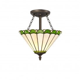 UNA Tiffany 3 Light Semi-Flush Ceiling 30cm Green, Cream, Crystal, Antique Brass