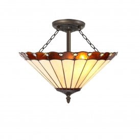 UNA Tiffany 3 Light Semi-Flush Ceiling 40cm Amber, Cream, Crystal, Antique Brass