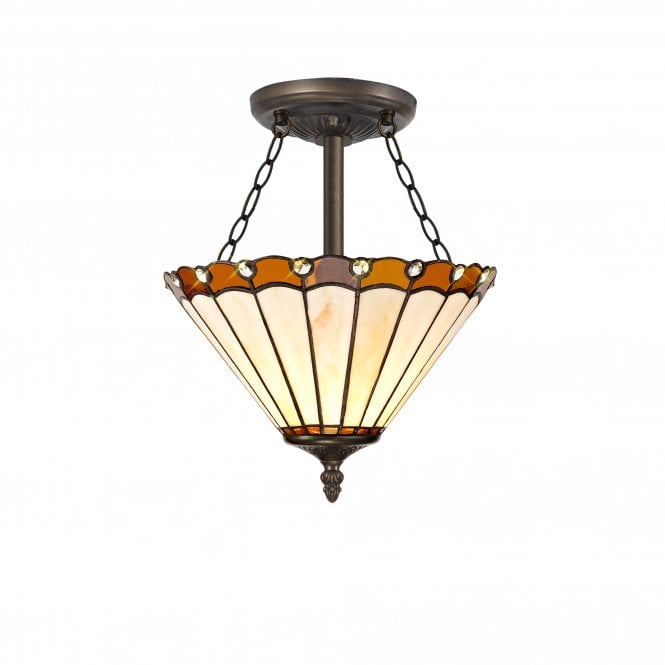 UNA Tiffany 3 Light Semi-Flush Ceiling Light 30cm Amber, Cream, Crystal, Antique Brass