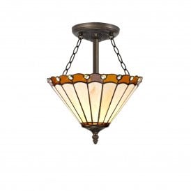 UNA Tiffany 3 Light Semi-Flush Ceiling Light 30cm Amber, Cream, Crystal, Antique Brass