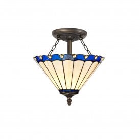 UNA Tiffany 3 Light Semi-Flush Ceiling Light 40cm Blue, Cream, Crystal, Antique Brass