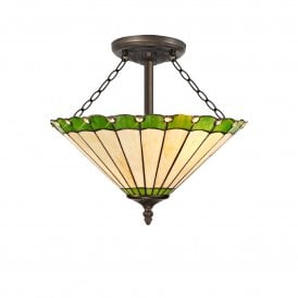 UNA Tiffany 3 Light Semi-Flush Ceiling Light 40cm Green, Cream, Crystal, Antique Brass