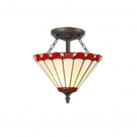 UNA Tiffany 3 Light Semi-Flush Ceiling Light 40cm Red, Cream, Crystal, Antique Brass