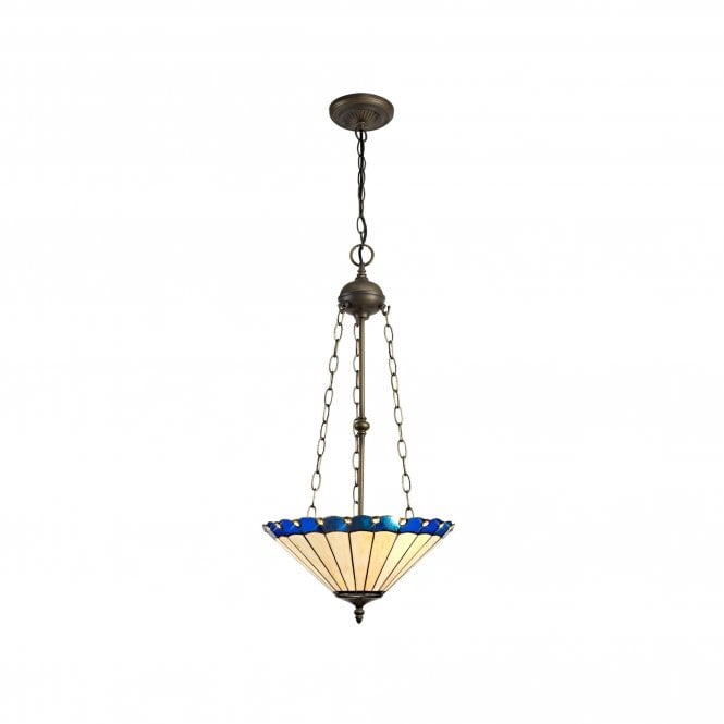 UNA Tiffany 3 Light Uplighter Ceiling Pendant Light 40cm Blue, Cream, Crystal, Antique Brass