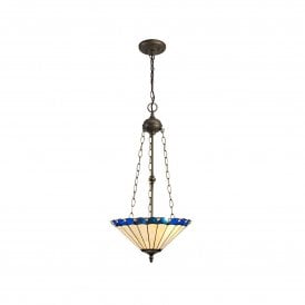 UNA Tiffany 3 Light Uplighter Ceiling Pendant Light 40cm Blue, Cream, Crystal, Antique Brass