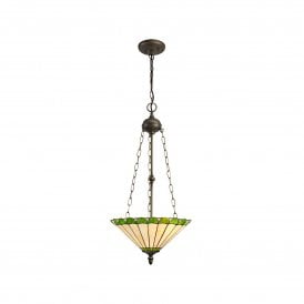 UNA Tiffany 3 Light Uplighter Ceiling Pendant Light 40cm Green, Cream, Crystal, Antique Brass