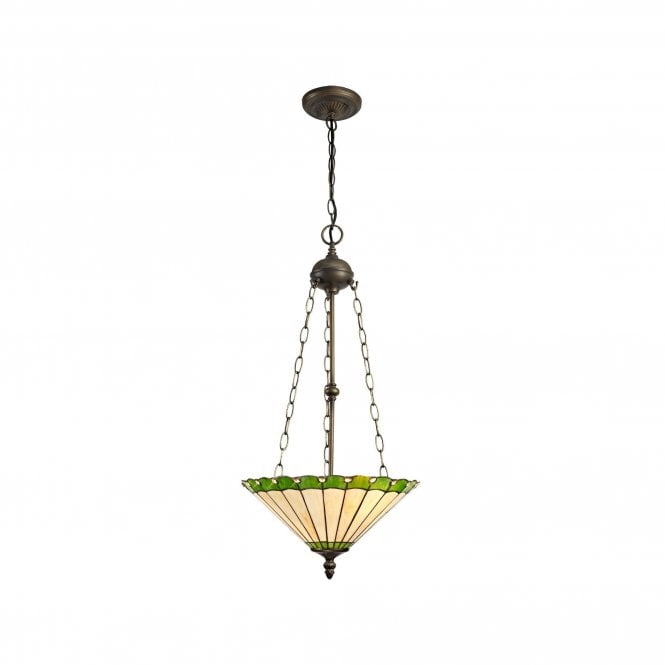 UNA Tiffany 3 Light Uplighter Ceiling Pendant Light 40cm Green, Cream, Crystal, Antique Brass