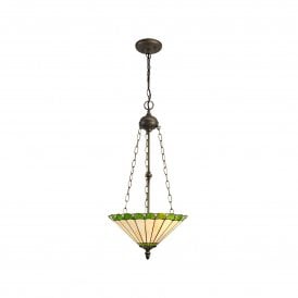 UNA Tiffany 3 Light Uplighter Ceiling Pendant Light 40cm Green, Cream, Crystal, Antique Brass