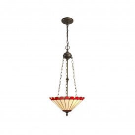 UNA Tiffany 3 Light Uplighter Ceiling Pendant Light 40cm Red, Cream, Crystal, Antique Brass