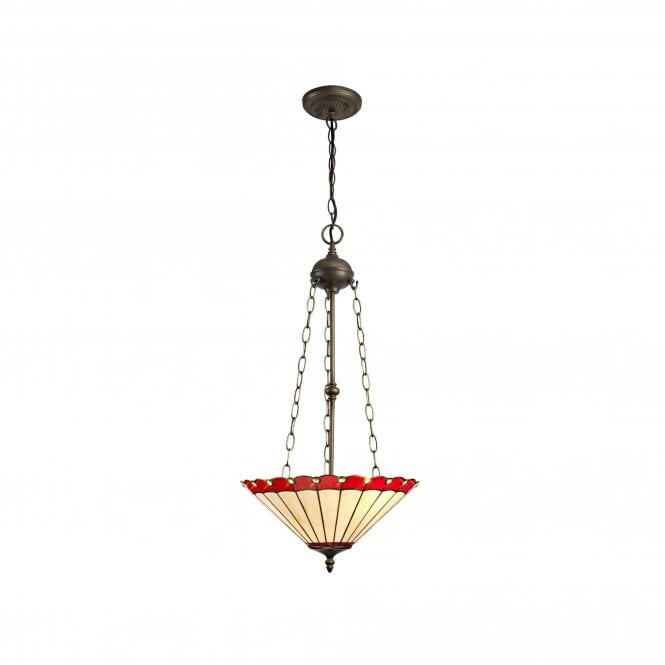 UNA Tiffany 3 Light Uplighter Ceiling Pendant Light 40cm Red, Cream, Crystal, Antique Brass