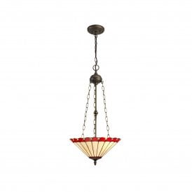 UNA Tiffany 3 Light Uplighter Ceiling Pendant Light 40cm Red, Cream, Crystal, Antique Brass