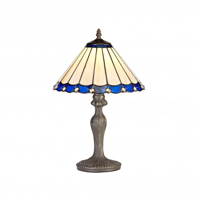 UNA Tiffany Curved Table Lamp 30cm Blue, Cream, Crystal, Antique Brass