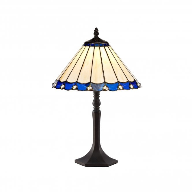 UNA Tiffany Octagonal Table Lamp 30cm Blue, Cream, Crystal, Antique Brass