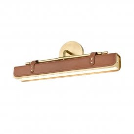 modern LED wall light in brown faux leather and vintage brass