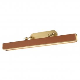 modern large LED picture light in vintage brass and brown leather accents