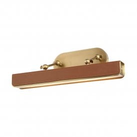 medium wall picture light in vintage brass finish with brown leather accent