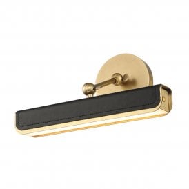 modern LED wall picture light in vintage brass with black faux leather accents