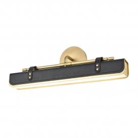 wall light with integrated LED lighting finished in black leather and brass