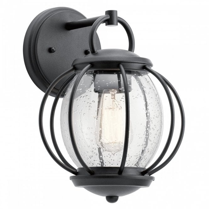 VANDALIA textured black exterior wall light with seeded glass shade